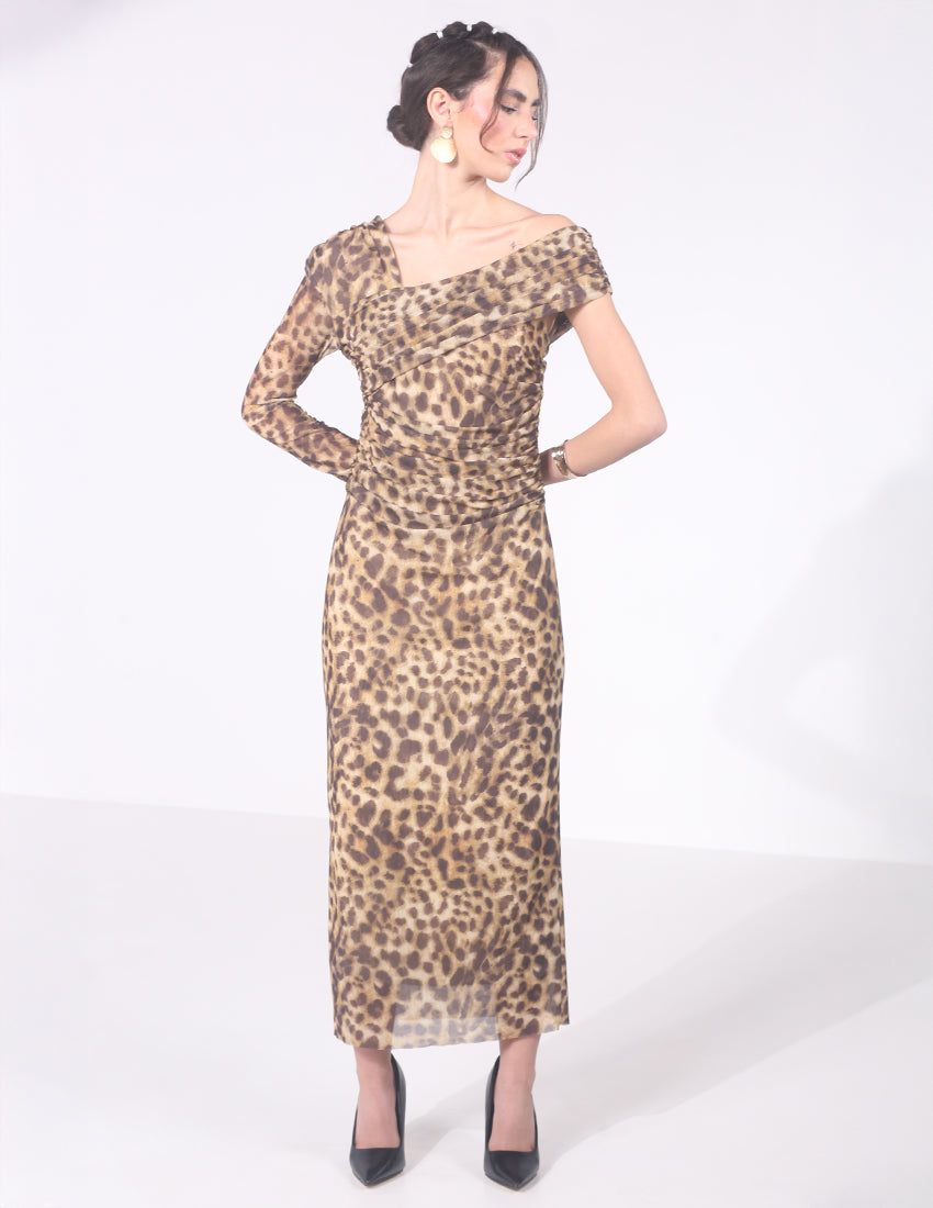 Tiger print chiffon dress, one long sleeve, gathered waist