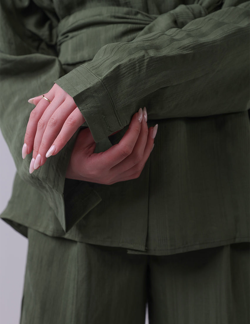 Olive Green Two-Piece Set with Tie Belt and Wide-Legged Pants