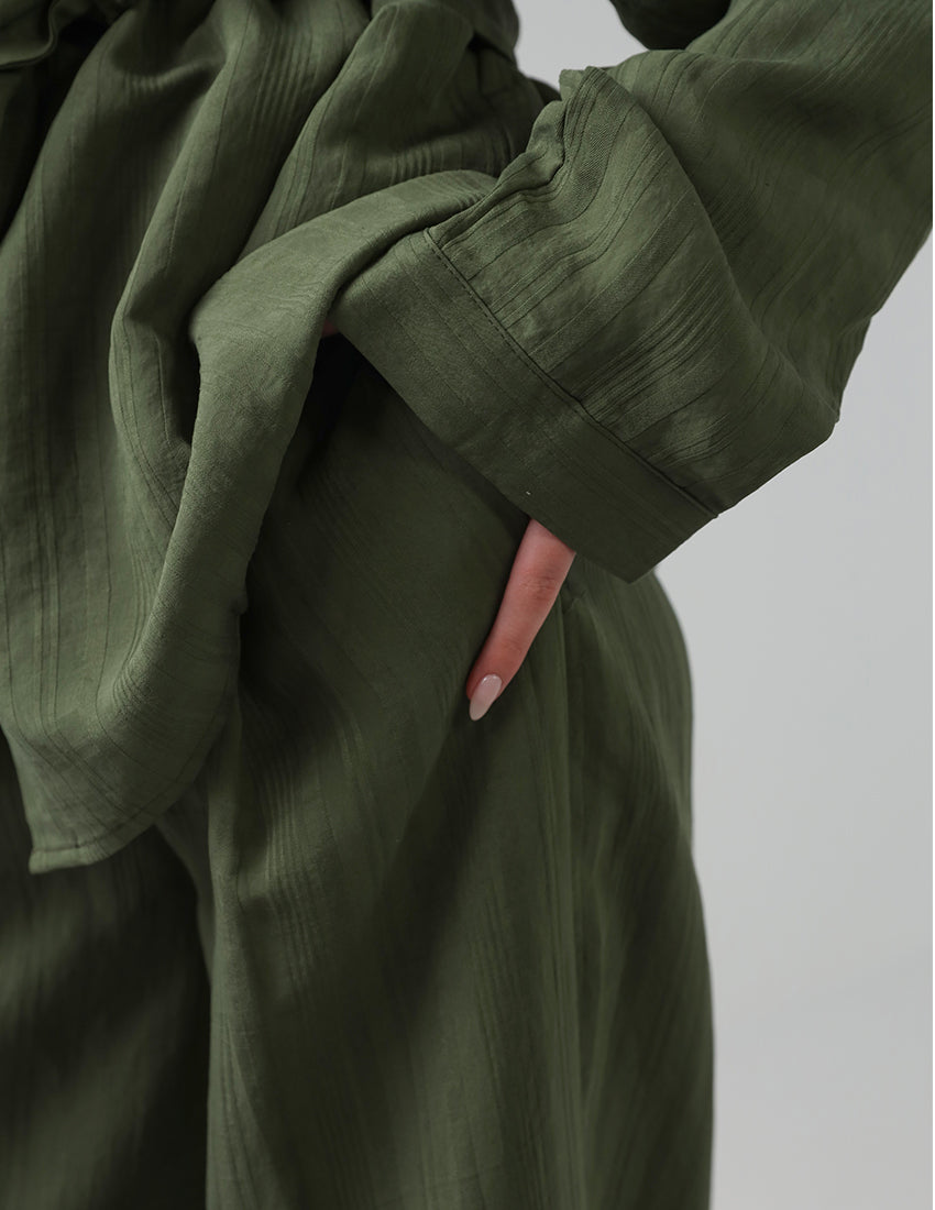Olive Green Two-Piece Set with Tie Belt and Wide-Legged Pants