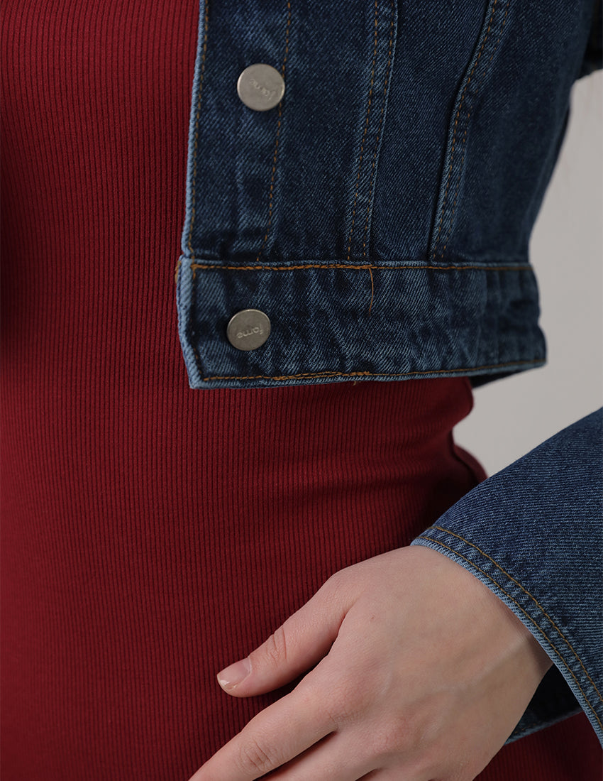 Cropped Denim Jacket with Chest & Sleeve Buttons