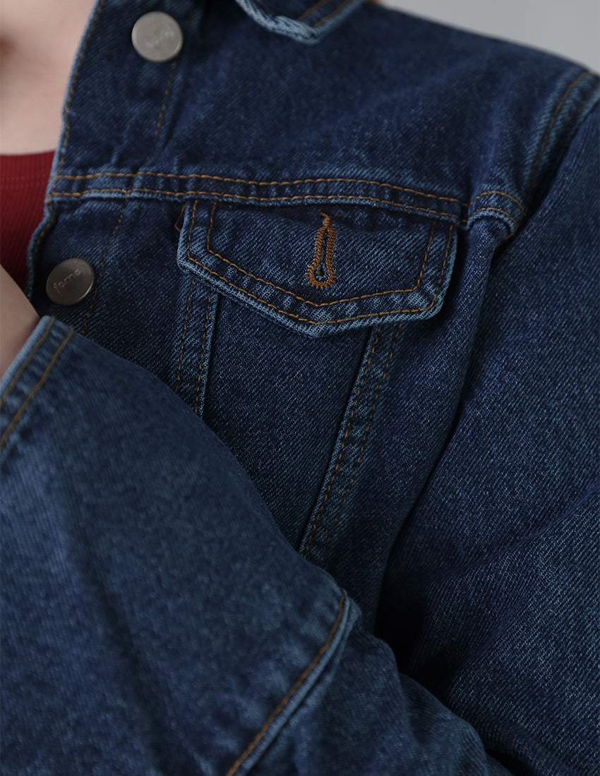 Cropped Denim Jacket with Chest & Sleeve Buttons