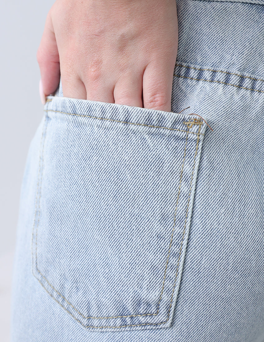 High-waisted wide leg jeans, blue with a dark blue hem.