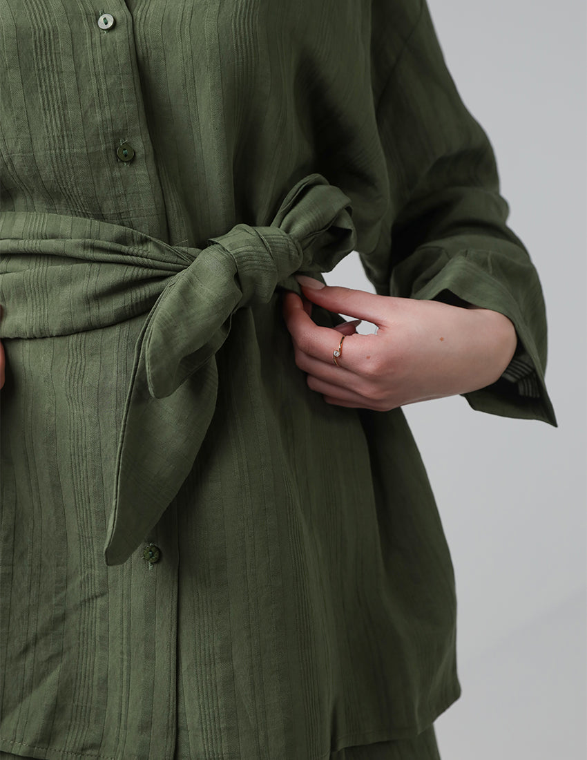 Olive Green Two-Piece Set with Tie Belt and Wide-Legged Pants