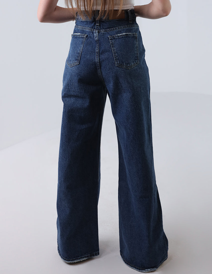 بنطال جينز أزرق داكن واسع الساق