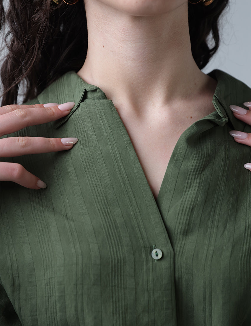 Olive Green Two-Piece Set with Tie Belt and Wide-Legged Pants
