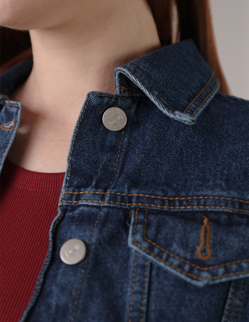 Cropped Denim Jacket with Chest & Sleeve Buttons