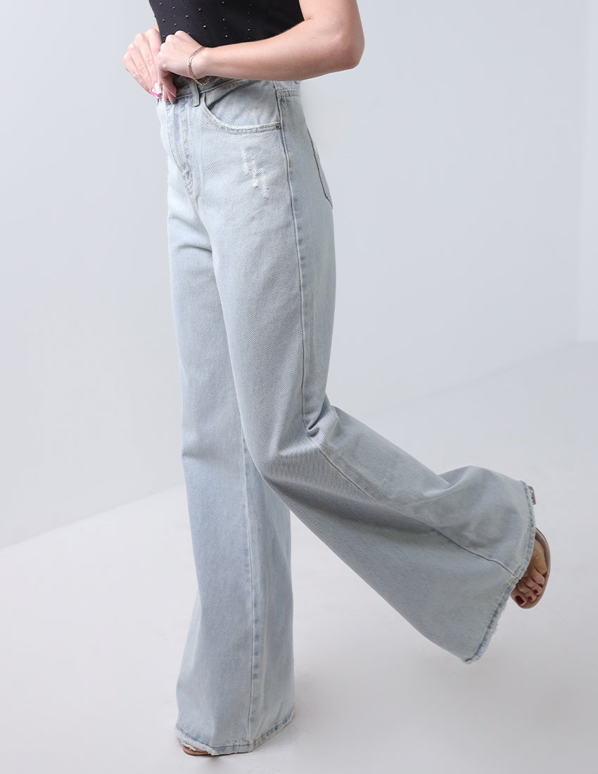 بنطلون جينز رمادي واسع الساق