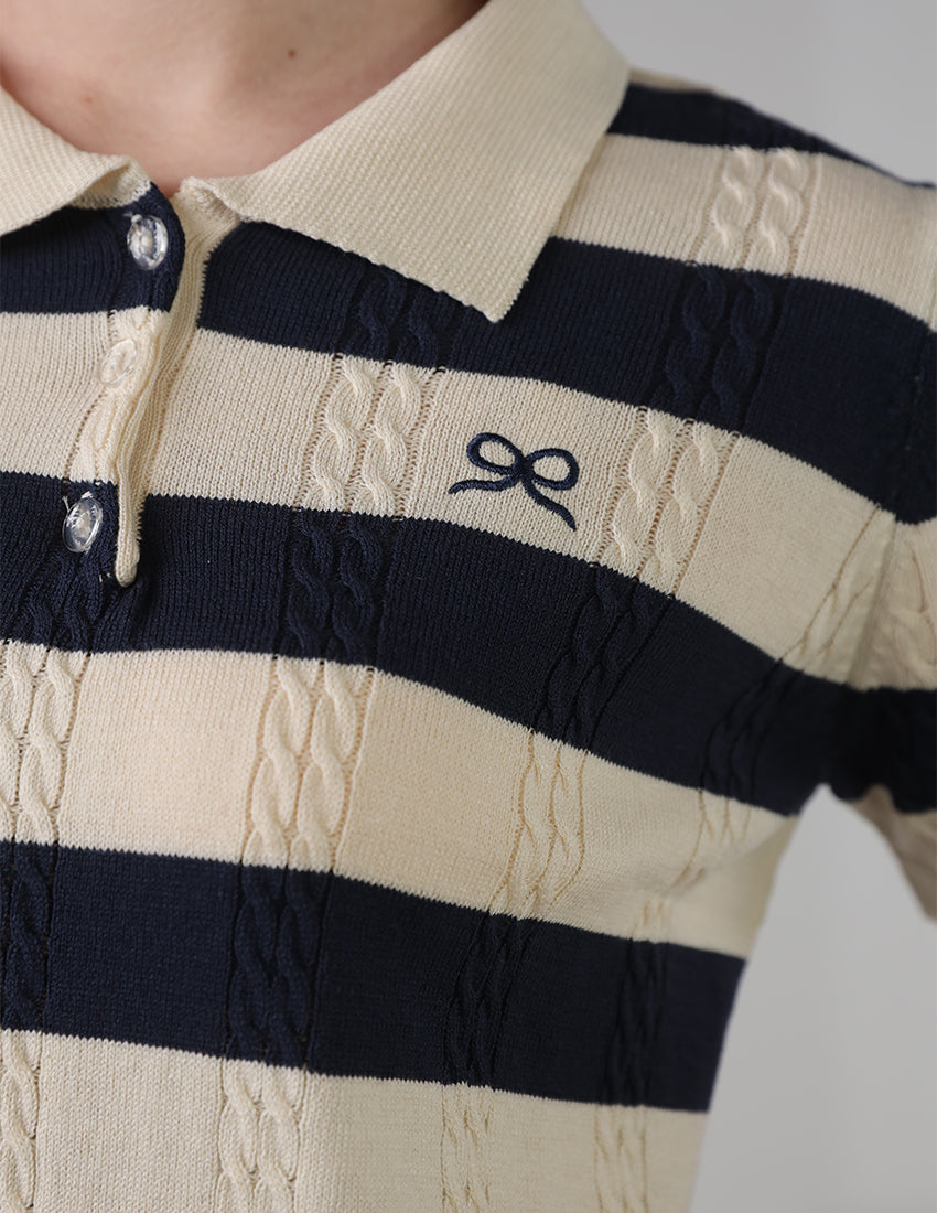 Slim-Fit Braided Striped Polo Shirt with Embroidered Bow