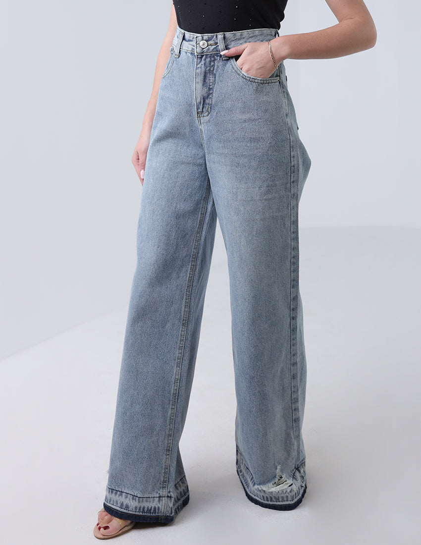 Light icy blue high-waisted wide leg ripped jeans