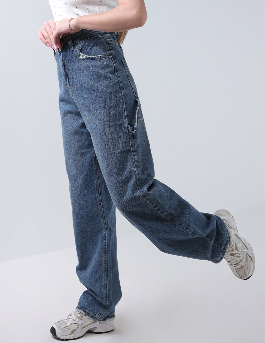 بنطال جينز فضفاض مع مشبك جانبي