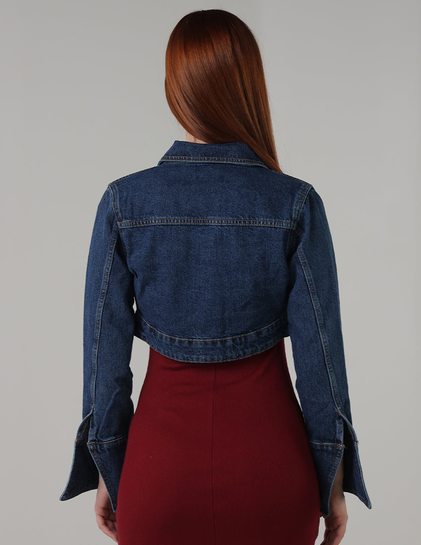 Cropped Denim Jacket with Chest & Sleeve Buttons