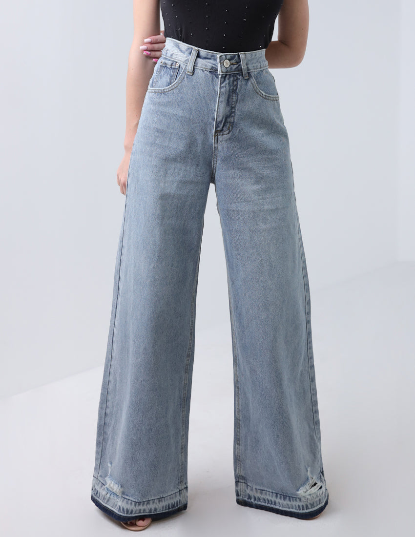 Light icy blue high-waisted wide leg ripped jeans