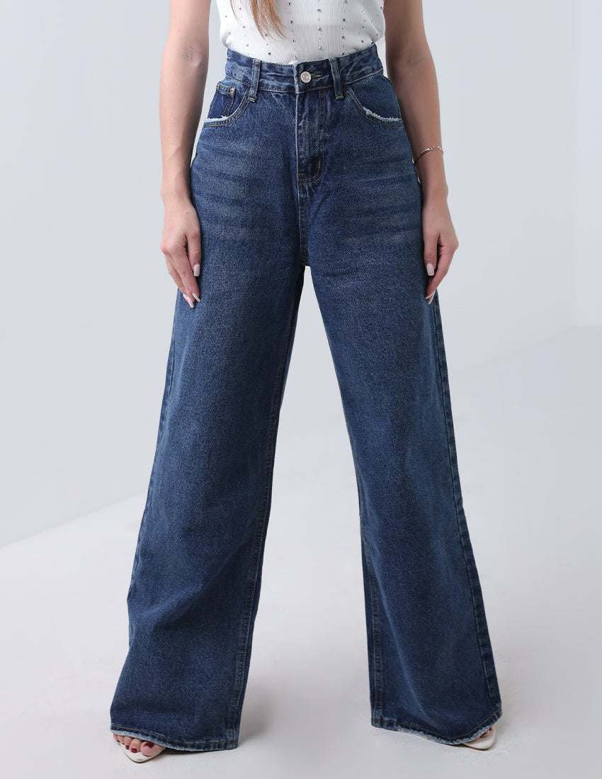 بنطال جينز أزرق داكن واسع الساق