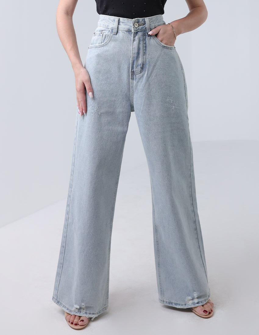 بنطال جينز رمادي فاتح واسع الساقين