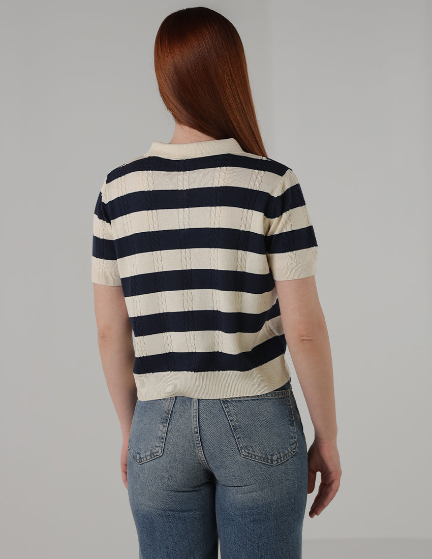 Slim-Fit Braided Striped Polo Shirt with Embroidered Bow