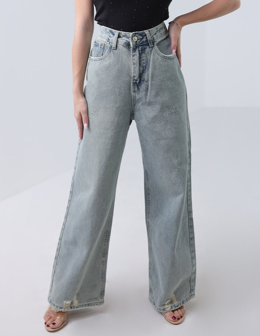 بنطلون جينز رمادي واسع الساق