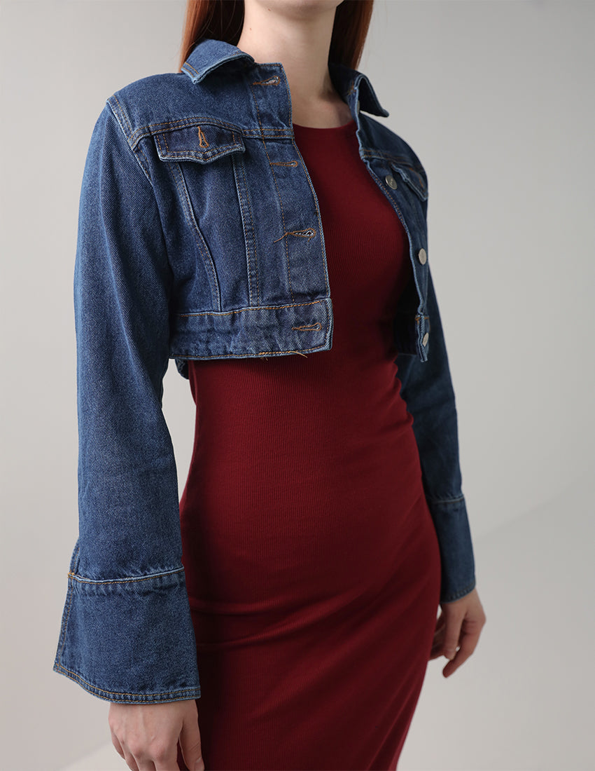 Cropped Denim Jacket with Chest & Sleeve Buttons