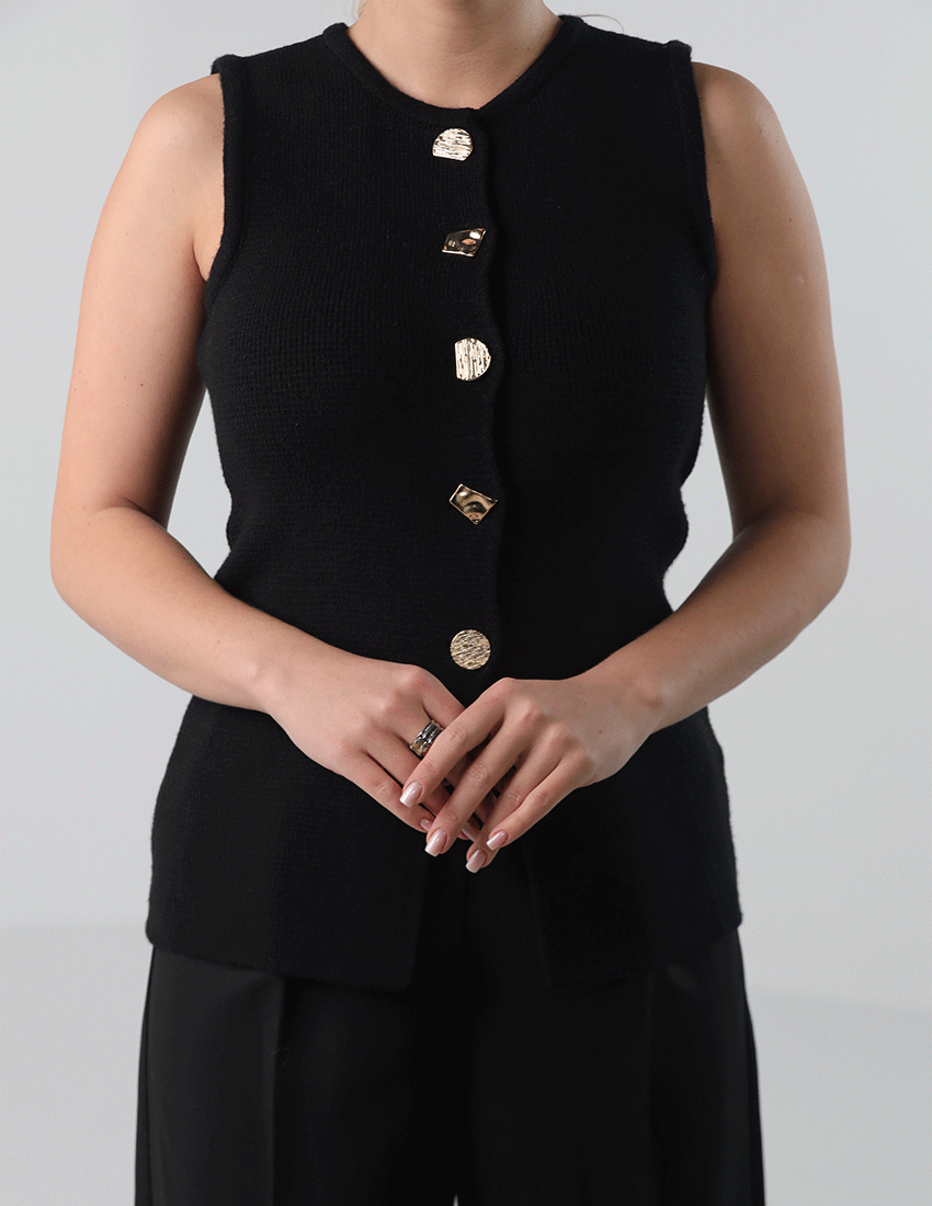 Tricot Sleeveless Top with Gold Buttons and Crew Neckline