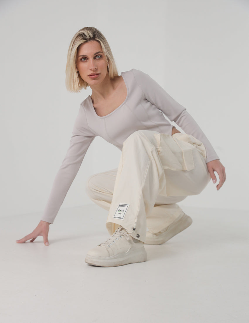 Wide-Leg Cargo Pants with Drawstring