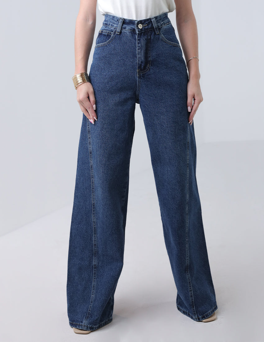بنطلون جينز واسع الساق بخطوط جانبية