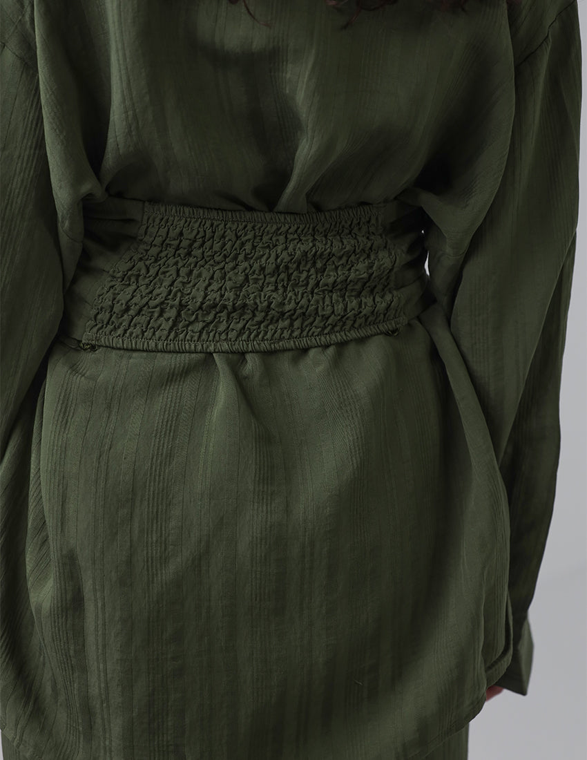 Olive Green Two-Piece Set with Tie Belt and Wide-Legged Pants