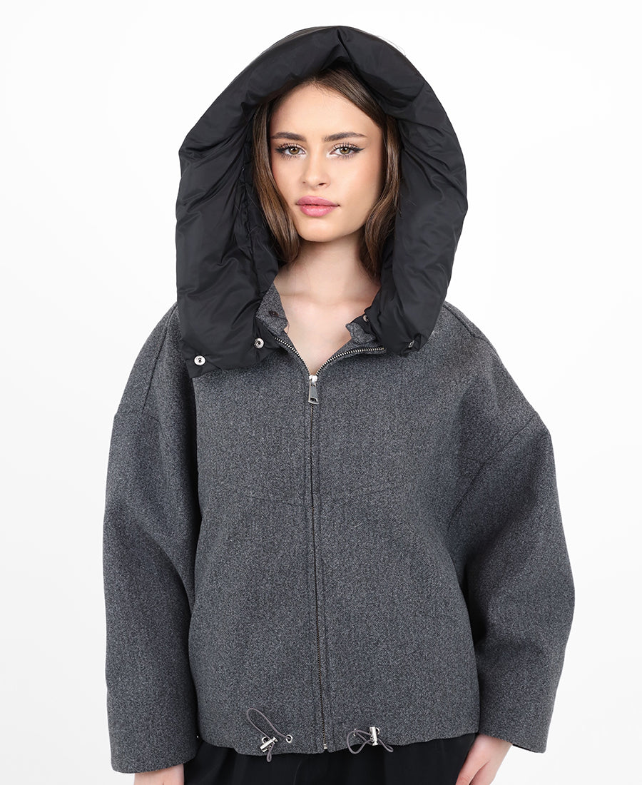 Wool jacket with a puffer hat