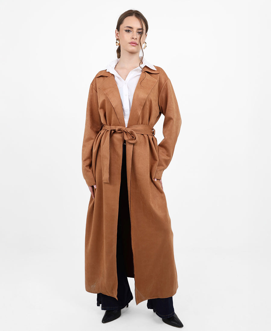 Long suede jacket with waist tie