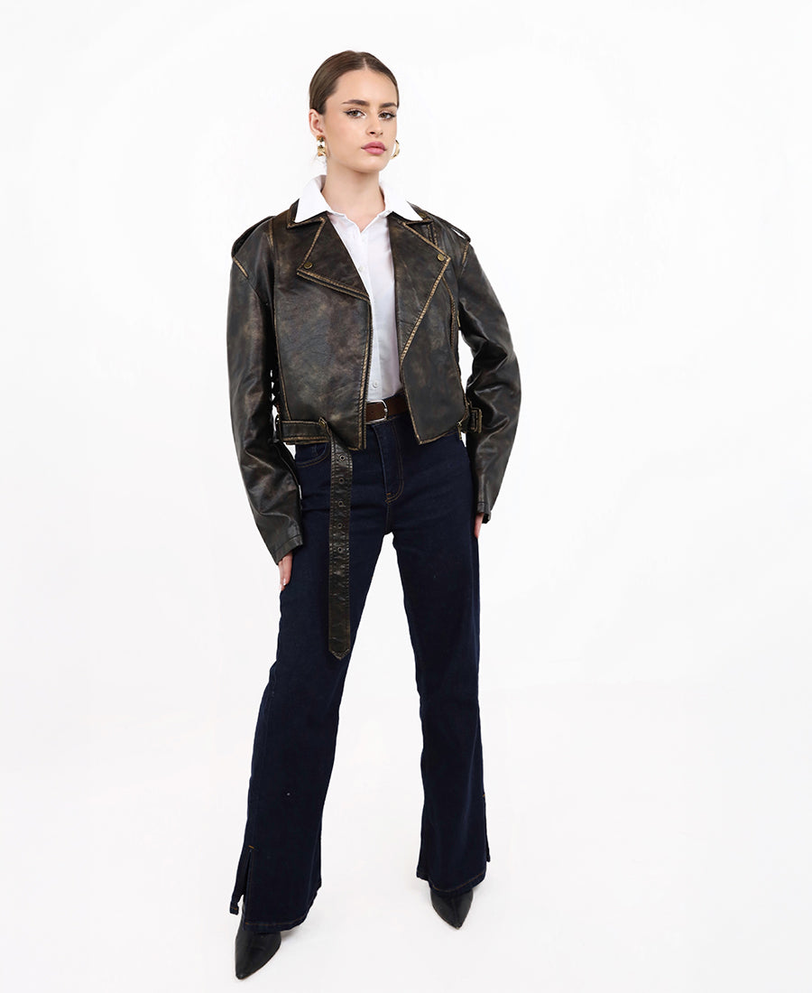 Leather jacket with waist belt