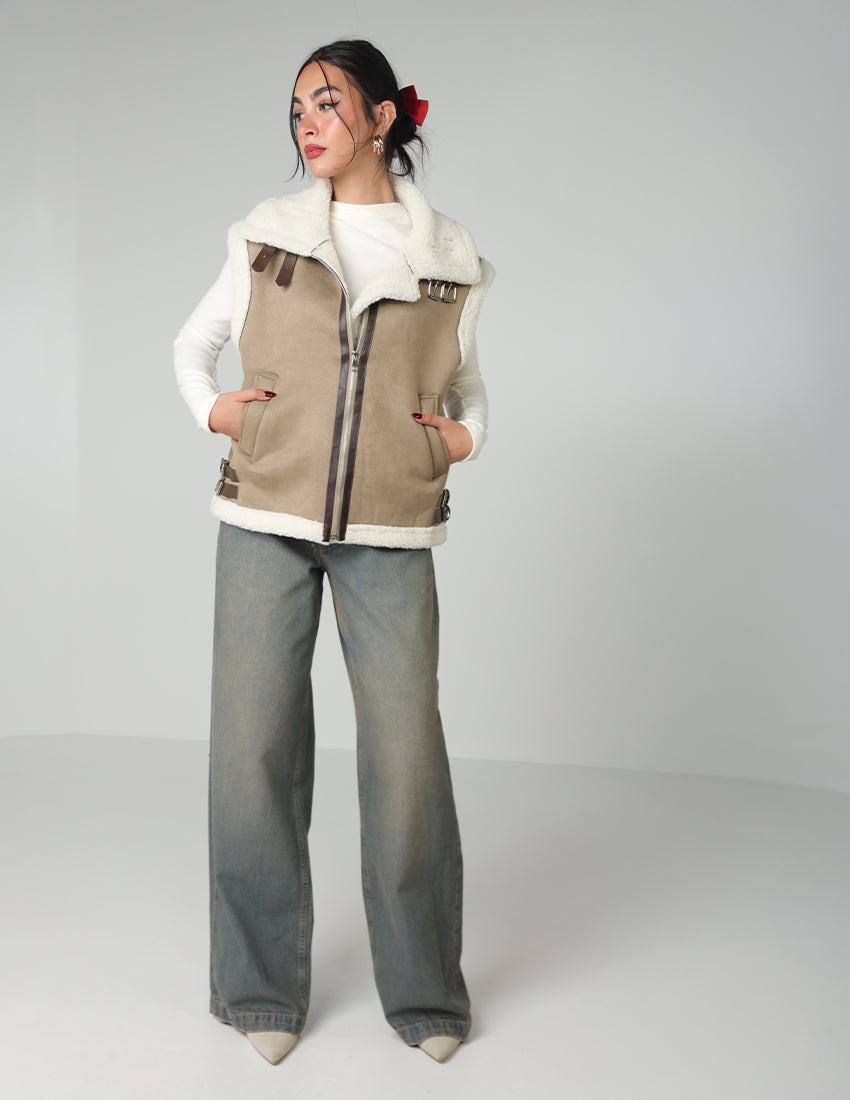 Wool-Lined Vest with Waist Belt and Zipper