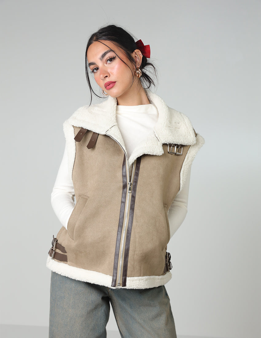 Wool-Lined Vest with Waist Belt and Zipper