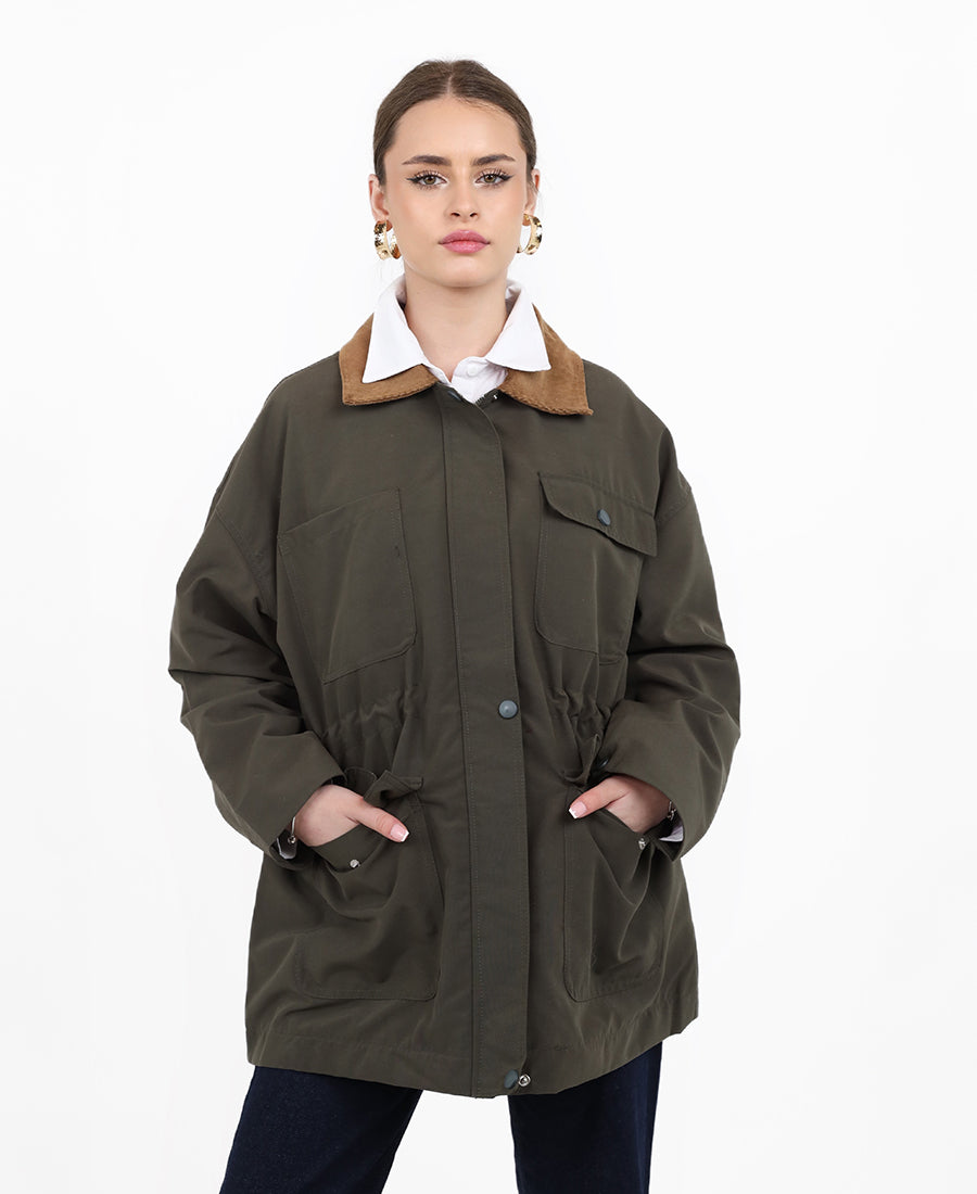 Long jacket with a gathered waist and pocket