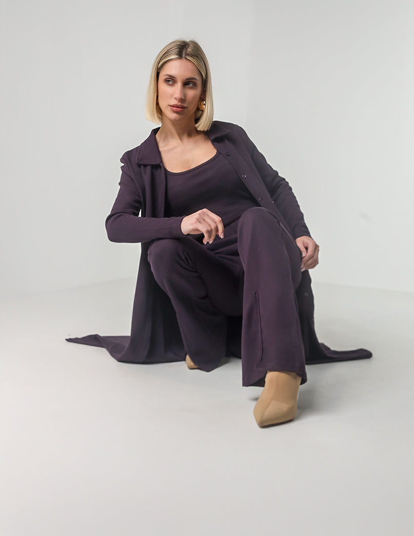 Three-Piece Ribbed Set with Longline Shirt