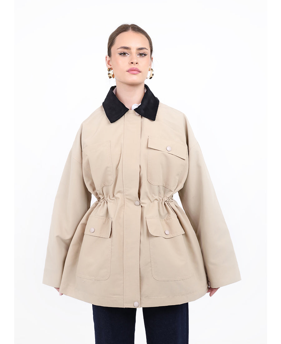 Long jacket with a gathered waist and pocket