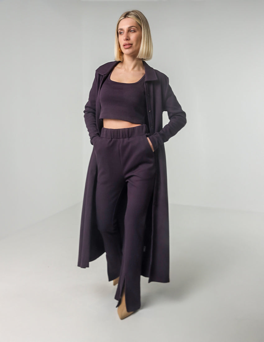 Three-Piece Ribbed Set with Longline Shirt