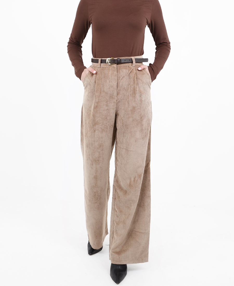 Beige ribbed trousers with a belted waist