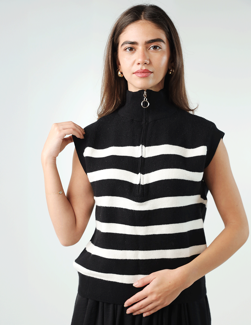 Tricot Striped Sleeveless Top with Zipper
