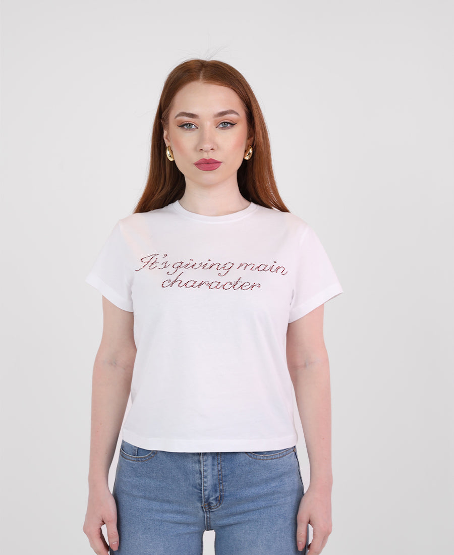 White T-shirt with red rhinestone writing