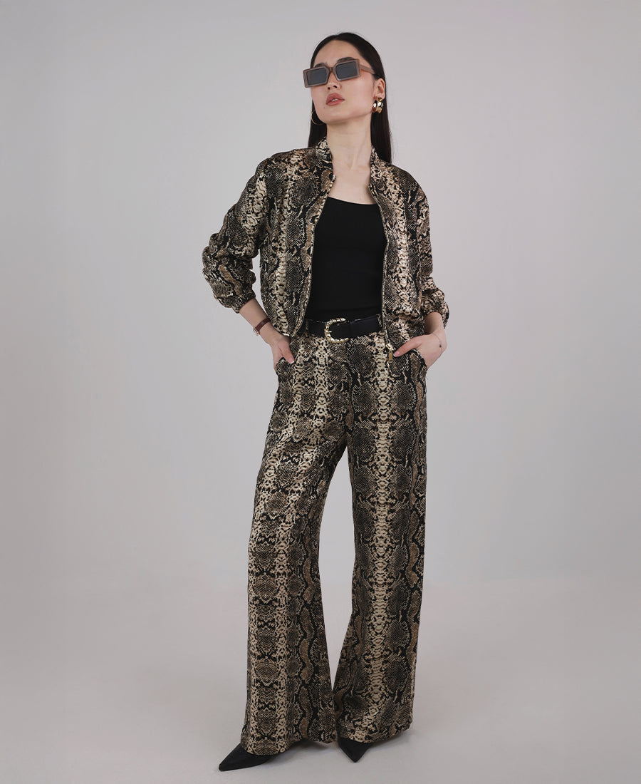 Satin snakeskin jacket and pants set, beige-black