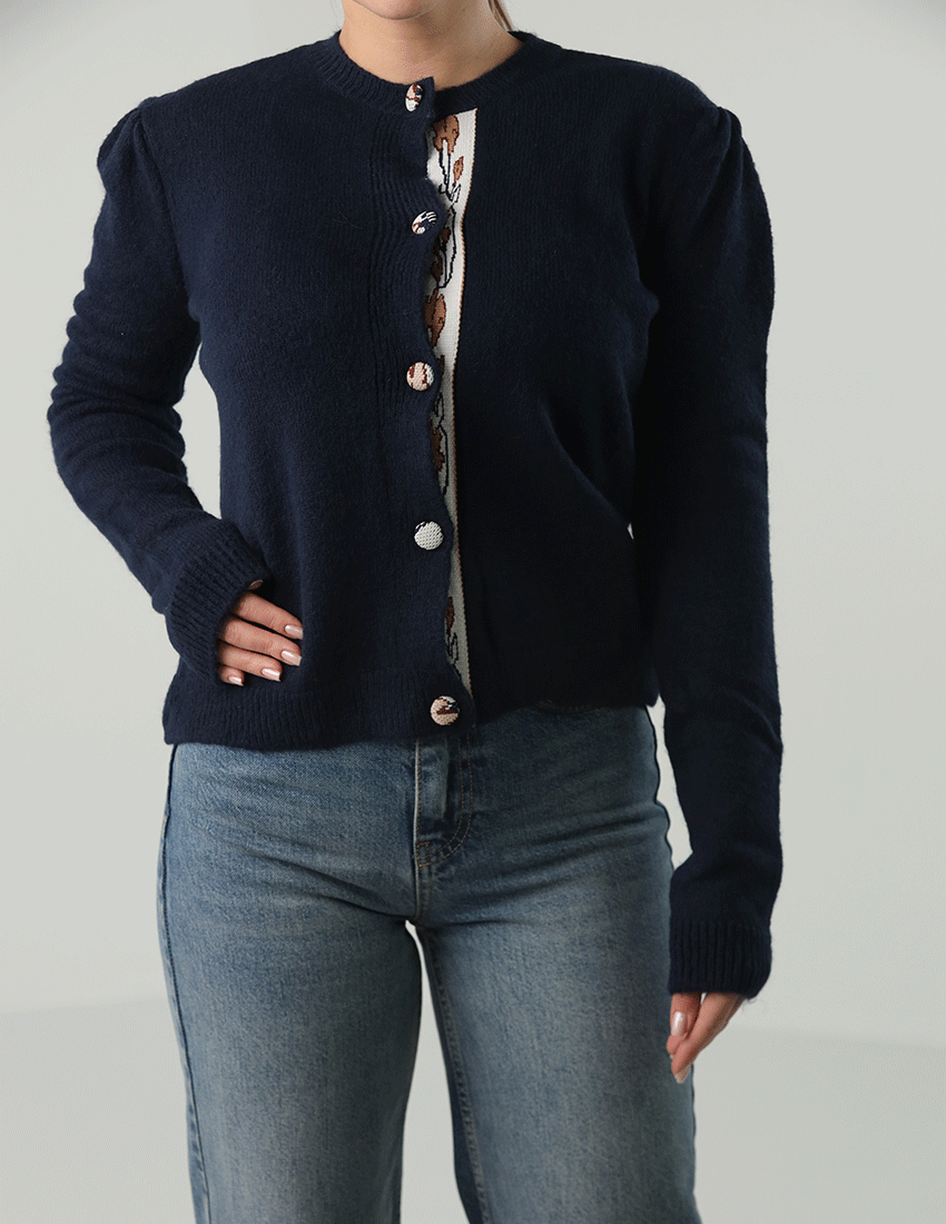 Tricot Buttoned Cardigan with Crew Neckline