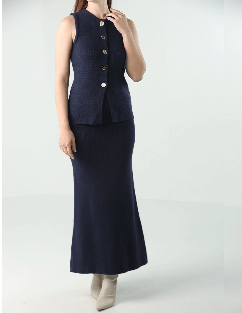 Two-Piece Set: Sleeveless Top and Long Skirt with Gold Buttons