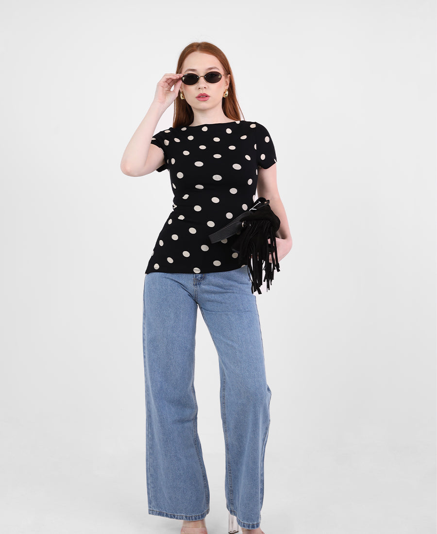 Black-beige polka dot short-sleeve top