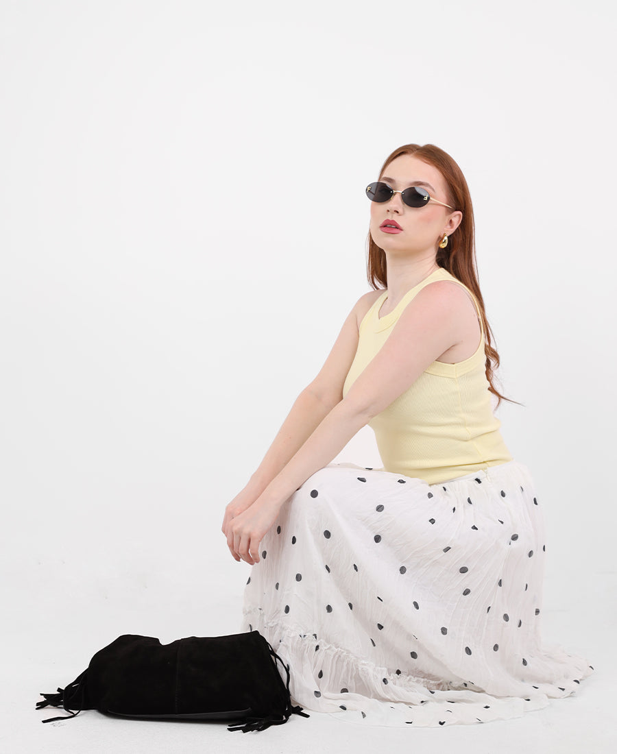 Long pleated chiffon polka dot skirt