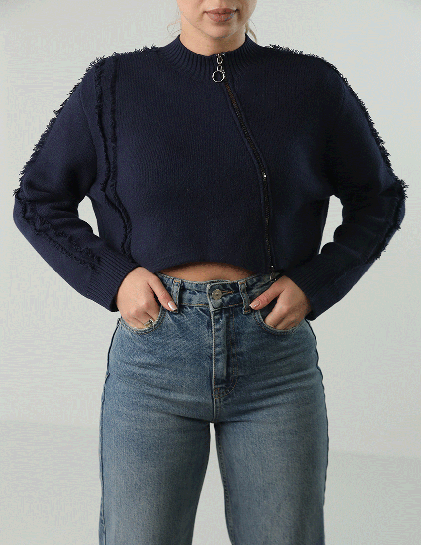 Tricot Cardigan with Front Zipper and Asymmetrical Hemline