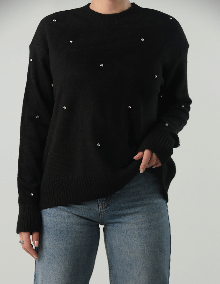 Tricot Studded Blouse with Crew Neckline
