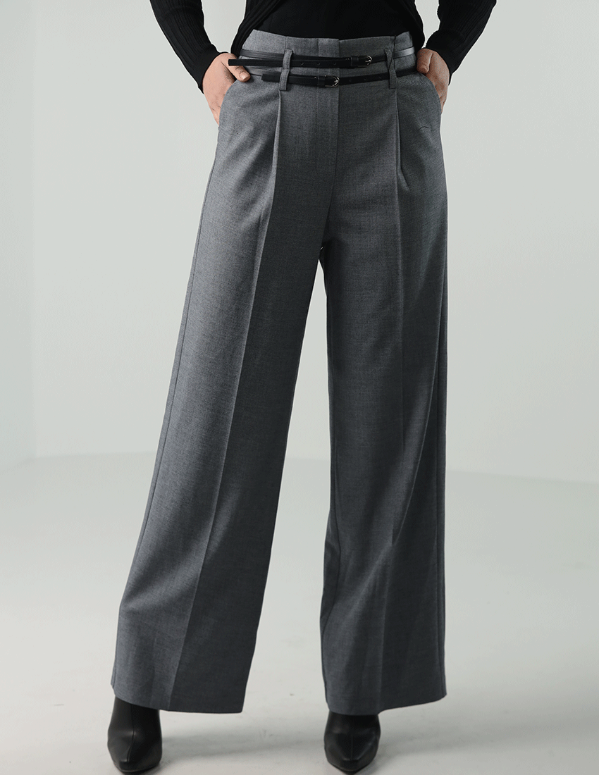 Formal Wide-Legged Pants with Double Leather Belt