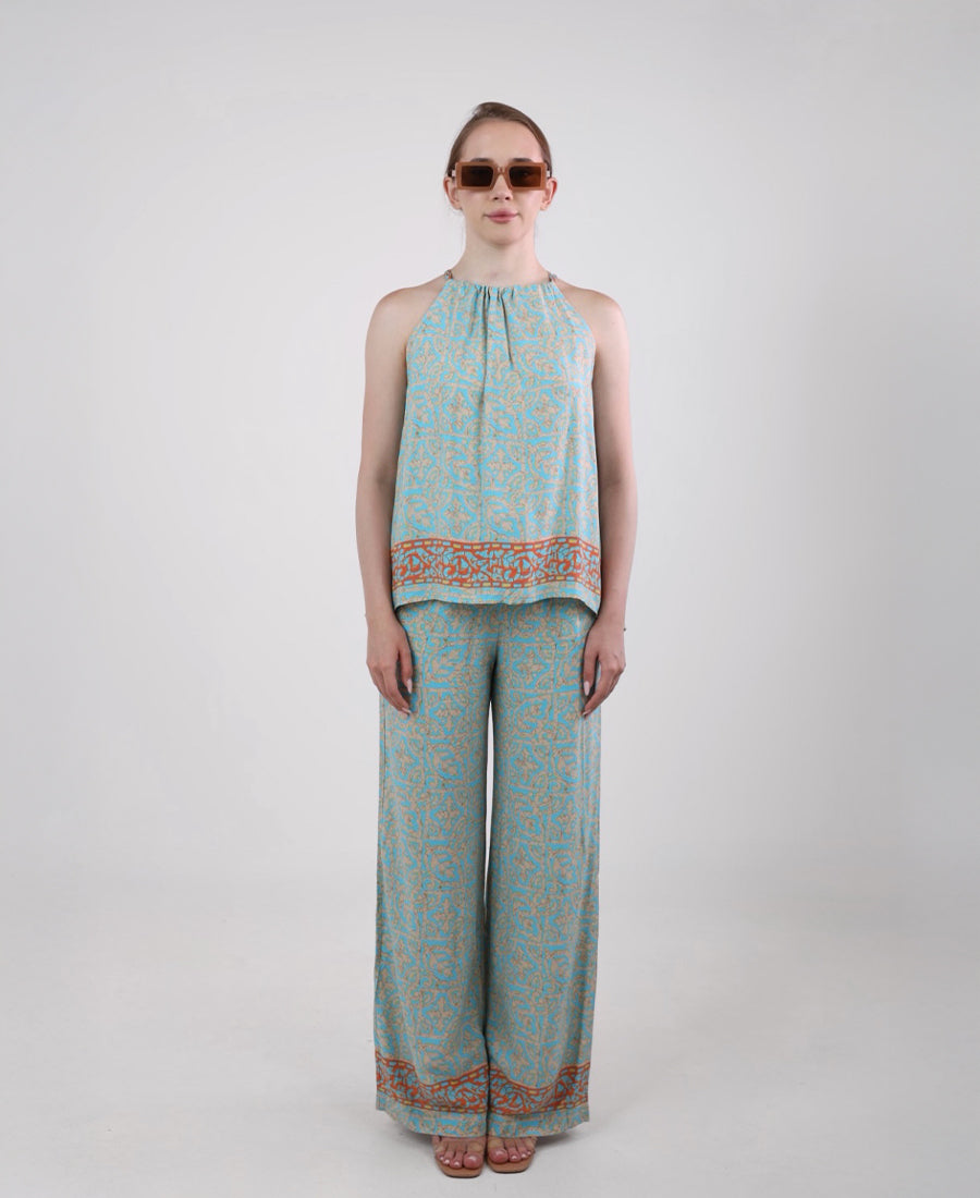 Turquoise-orange set, drilled top with wide trousers