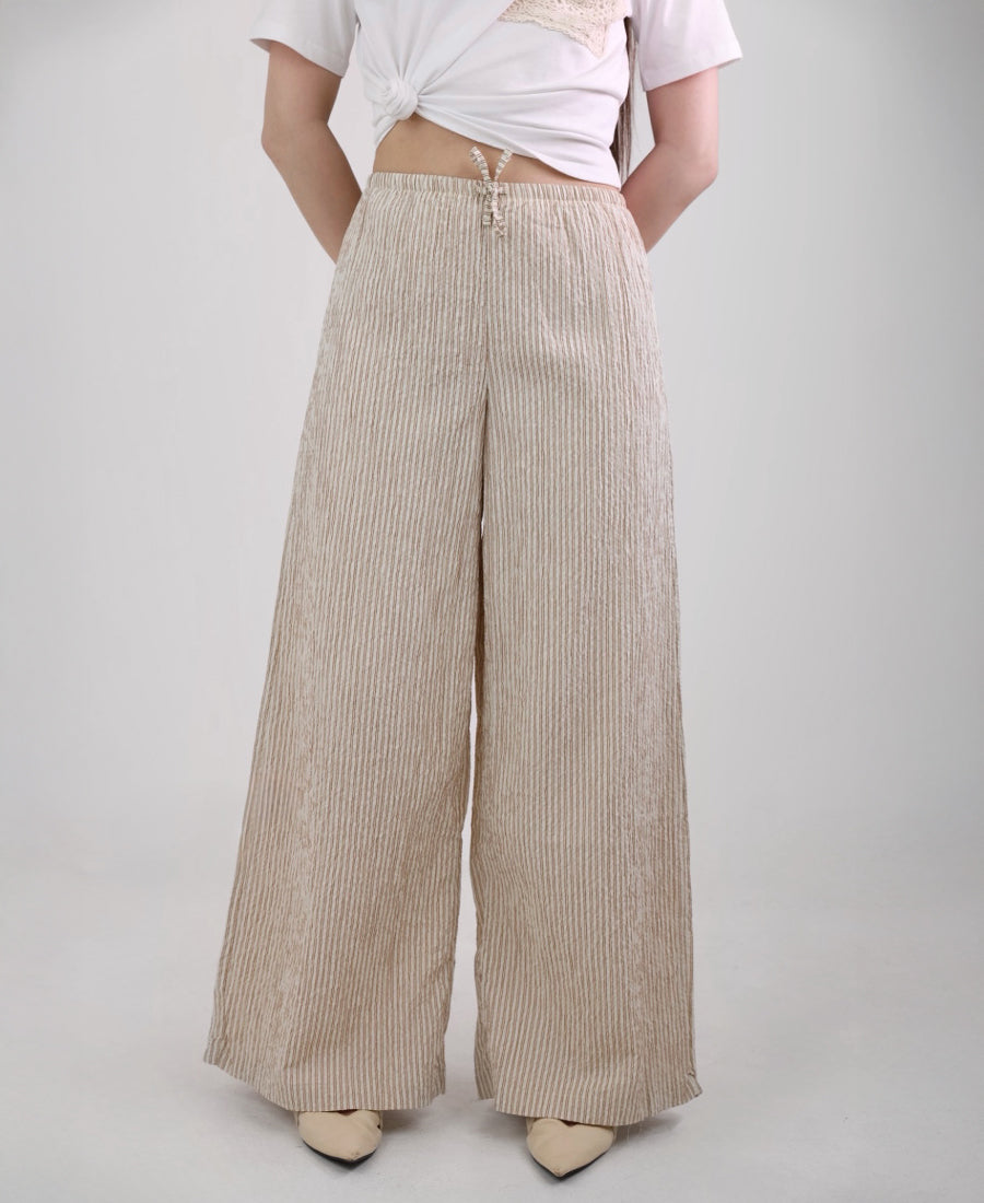 Wide leg pants with elastic waistband, striped beige and off-white