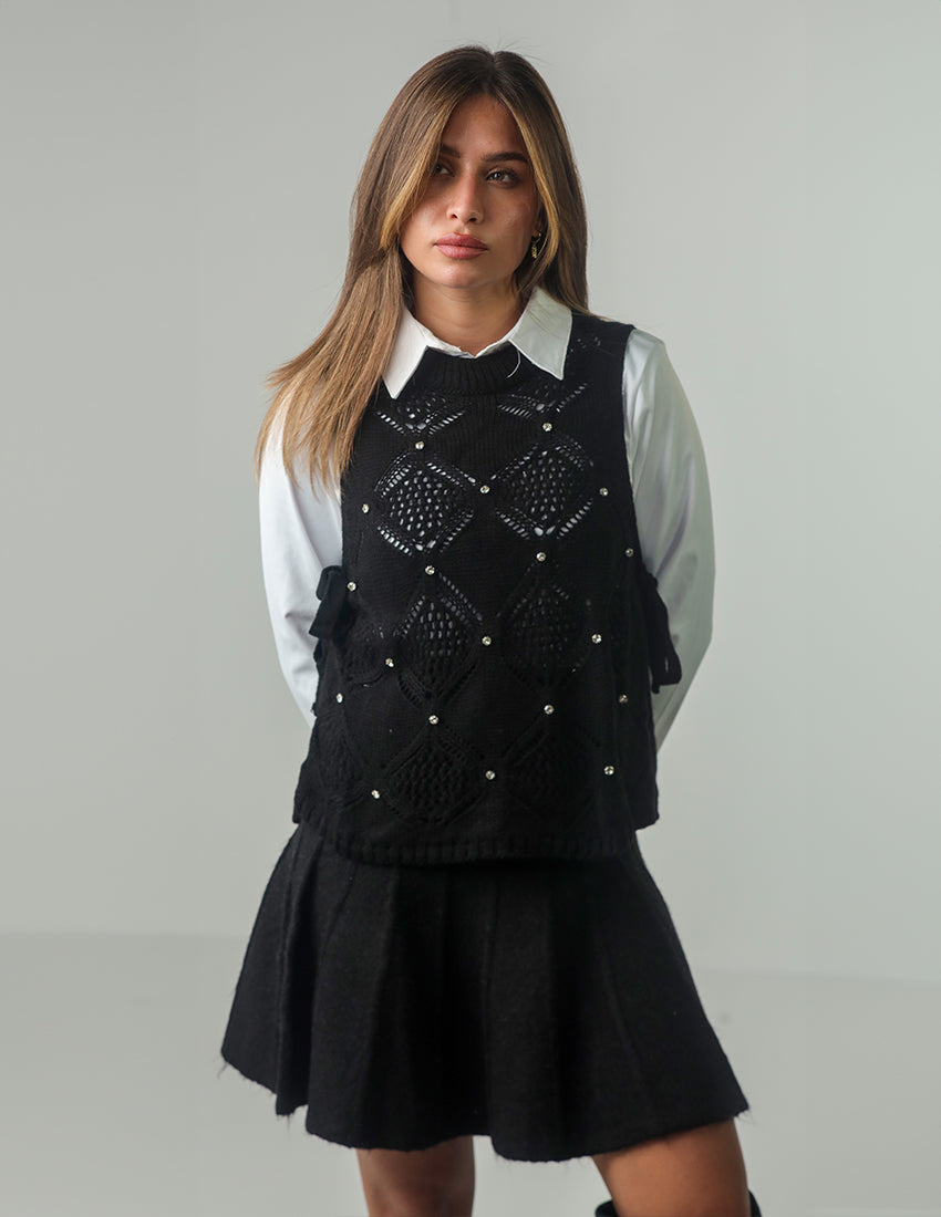 Knit Mesh Vest with Side Ropes and Studs