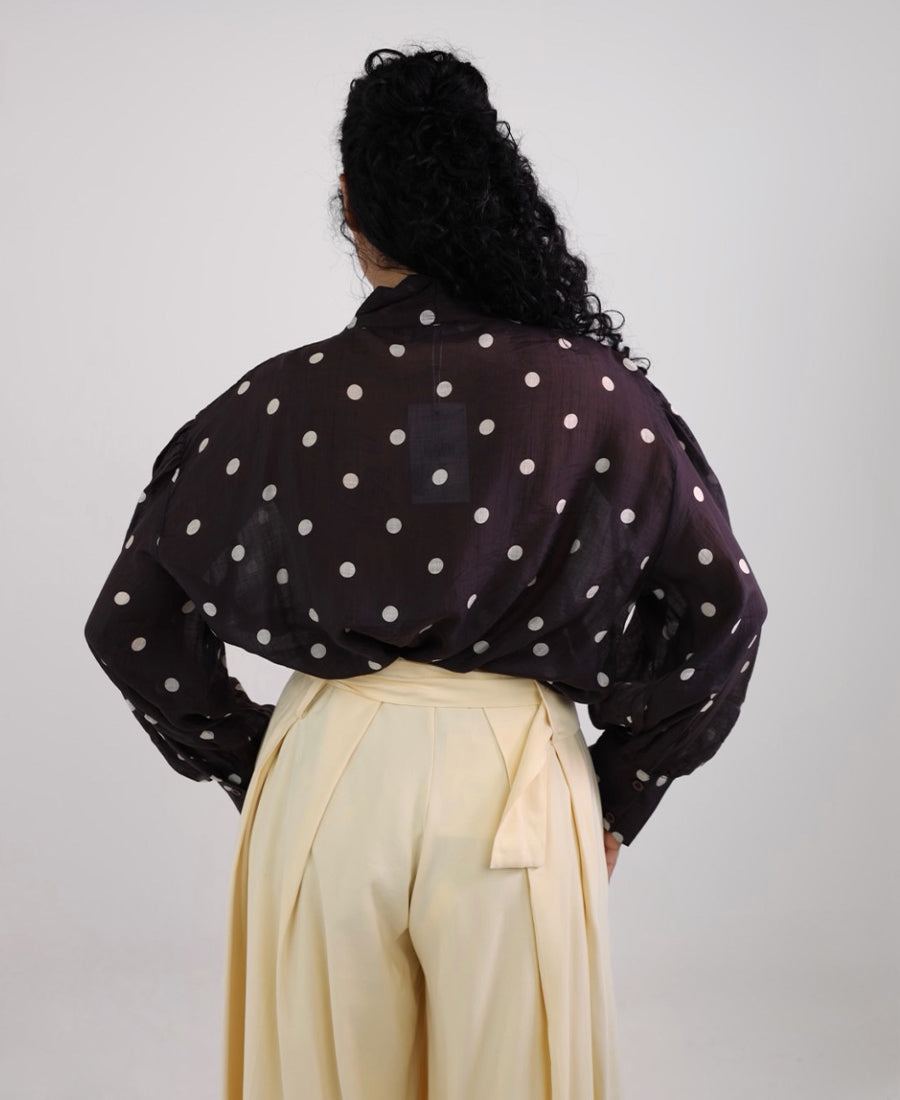 Brown Polkadots Tie Neck Blouse