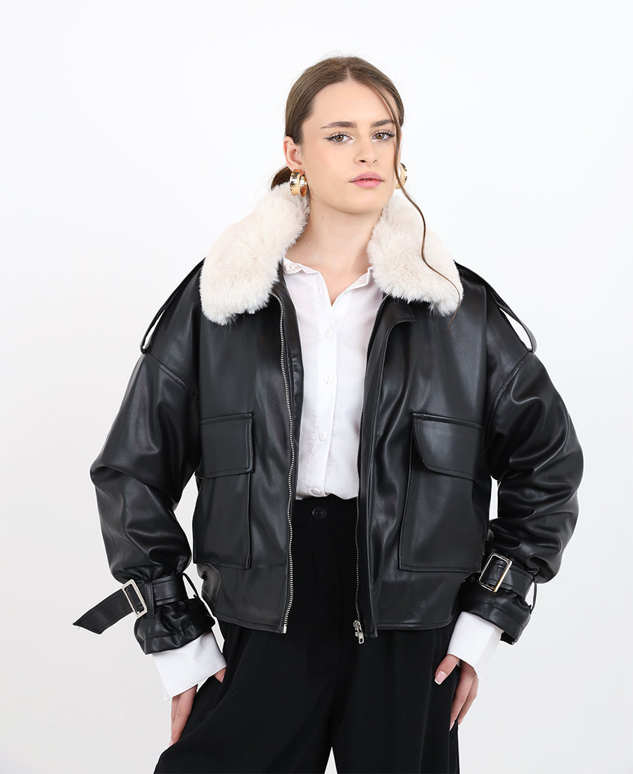 Black leather jacket with white fur
